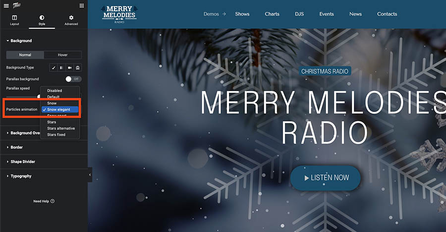 particles animation elementor radio template