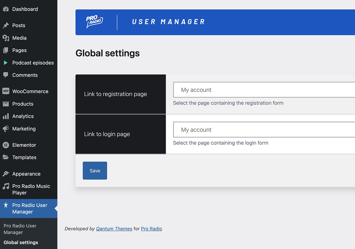pro radio podcast user manager account page settings