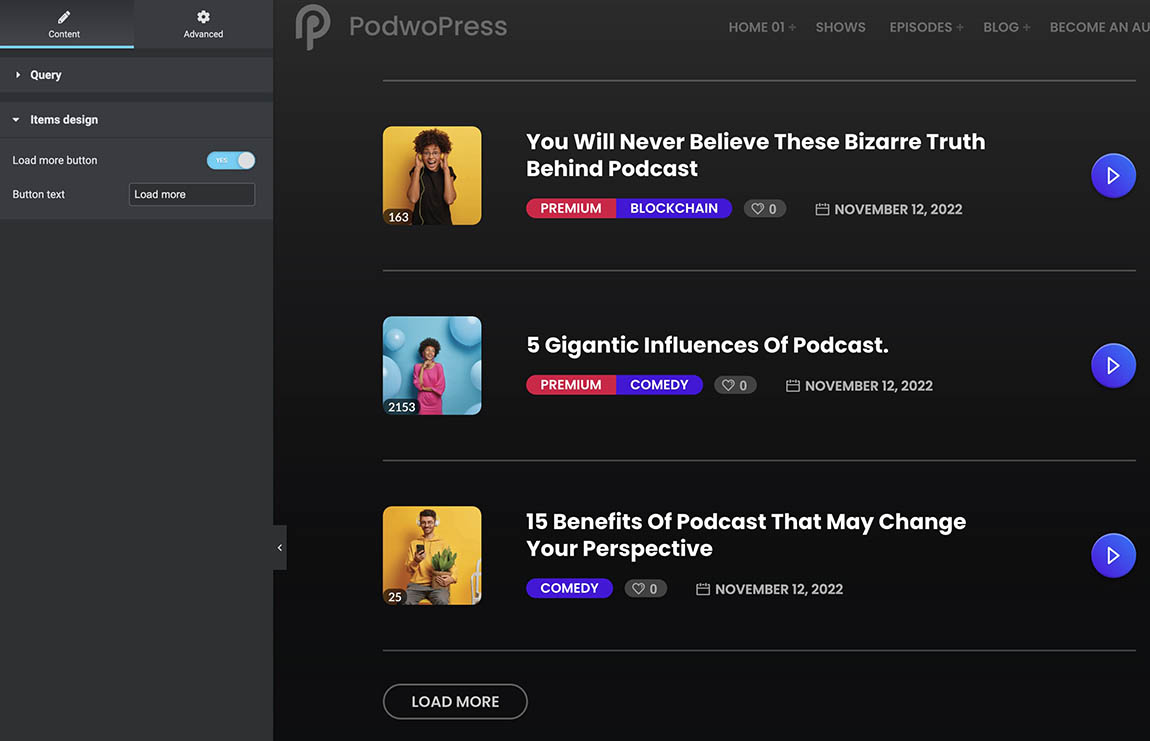 podcast list widget elementor design wordpress template