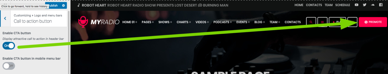 call to action button in menu radio wordpress theme