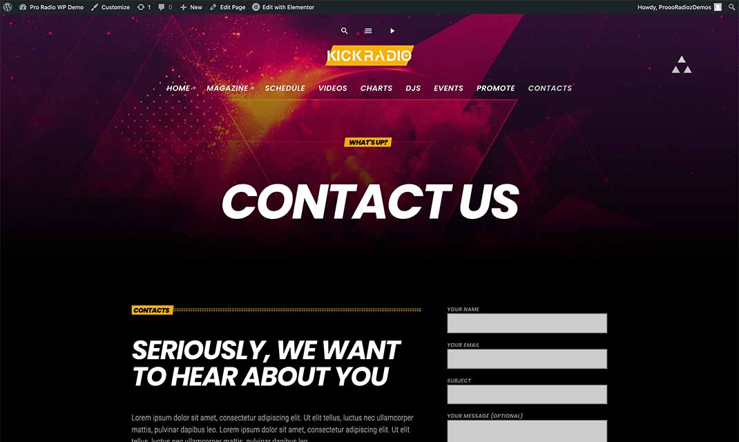 Techno radio website template contacts form