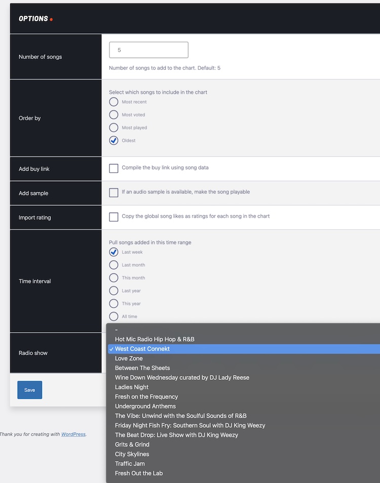 radio shows chart generation wordpress