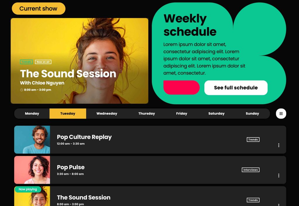 demo 34 radio shows schedule section
