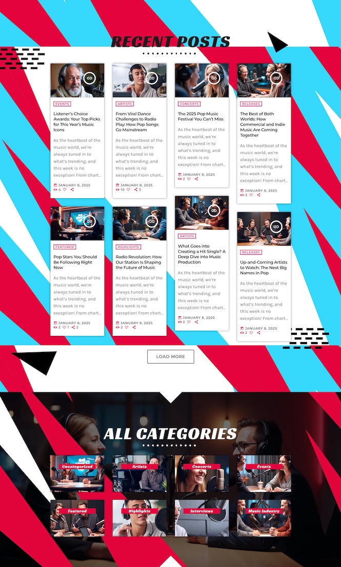 blog news layout with category grid for internet radio stations