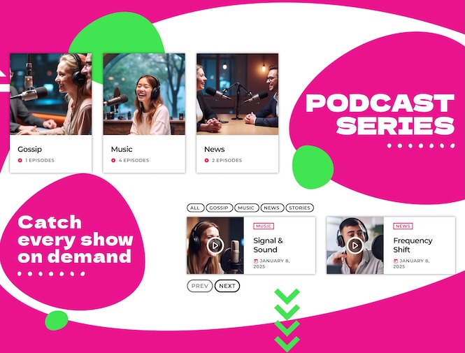 radio website podcast series and episodes grid