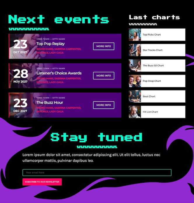 next events and newsletter subscription layout for radio stations