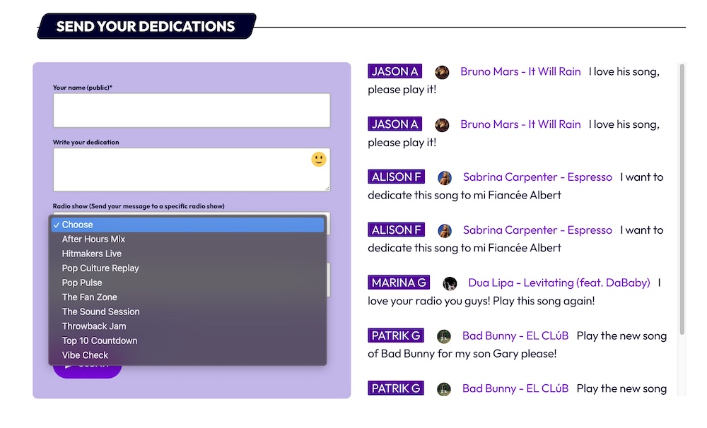 Pro.Radio radio station Dedications widget