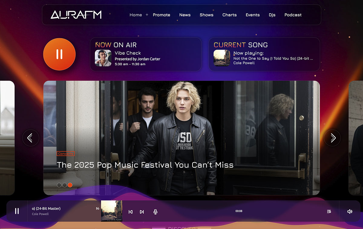 AuraFM EDM and techno radio website homepage